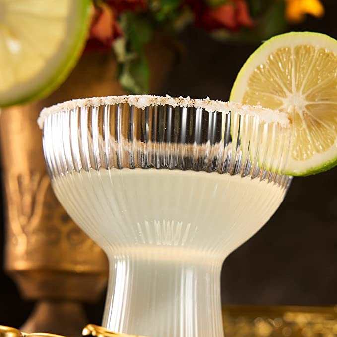 Ribbed Stemless Margarita, Martini & Champagne Glasses with Gold Rim - Set of 2 - Hand Blown Cocktail Luxury Coupe – Large Party, Elegant Ripple Design, Gilded, Premium Hand Blown Glassware (10 OZ)