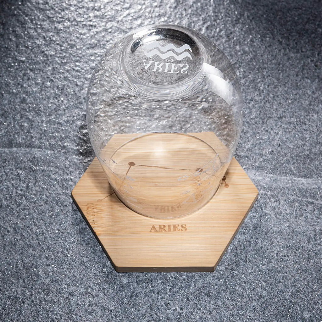 Set of 2 Zodiac Sign Wine Glasses with 2 Wooden Coasters by The Wine Savant - Astrology Drinking Glass Set with Etched Constellation Tumblers for Juice, Water Home Bar Horoscope Gifts 18oz (Aries)