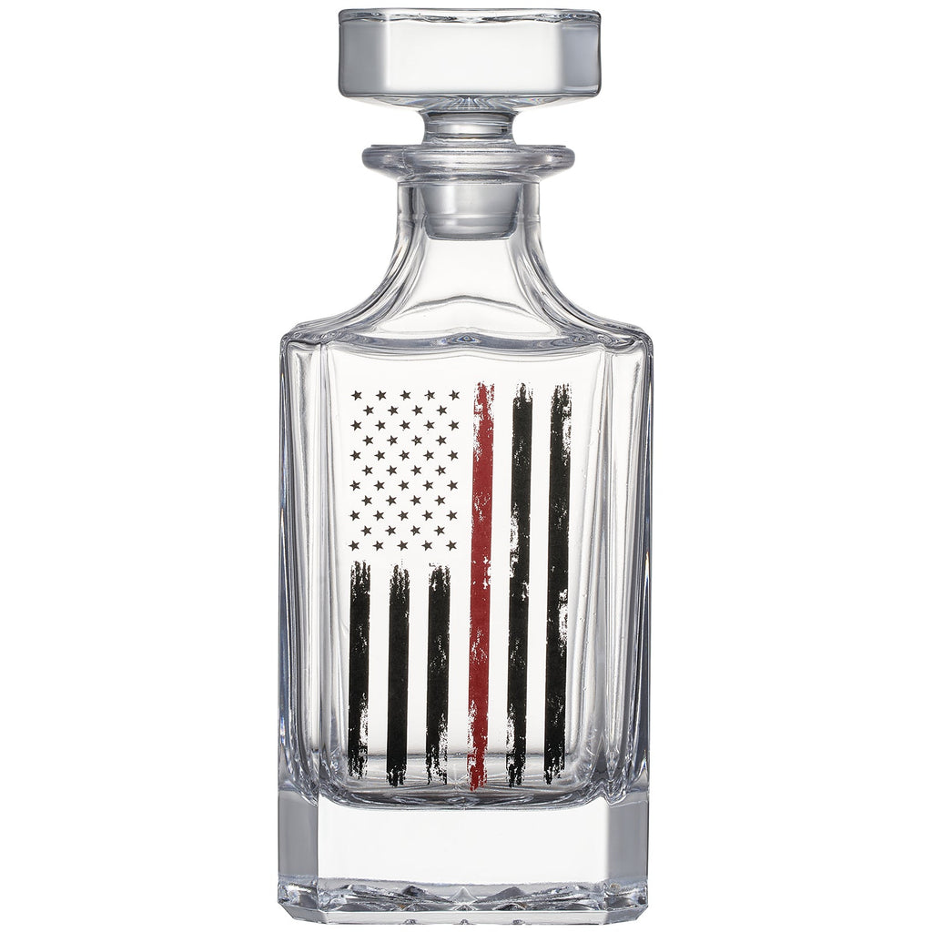 Firefighter Tactical Red Tattered American Flag Whiskey Decanter Gift Set | 730mL Decanter 2 Whiskey Glass | First Responder Gift for Fire Fighter, Red Rights, 2nd Amendment Gifts, FD Men, Dad, Him