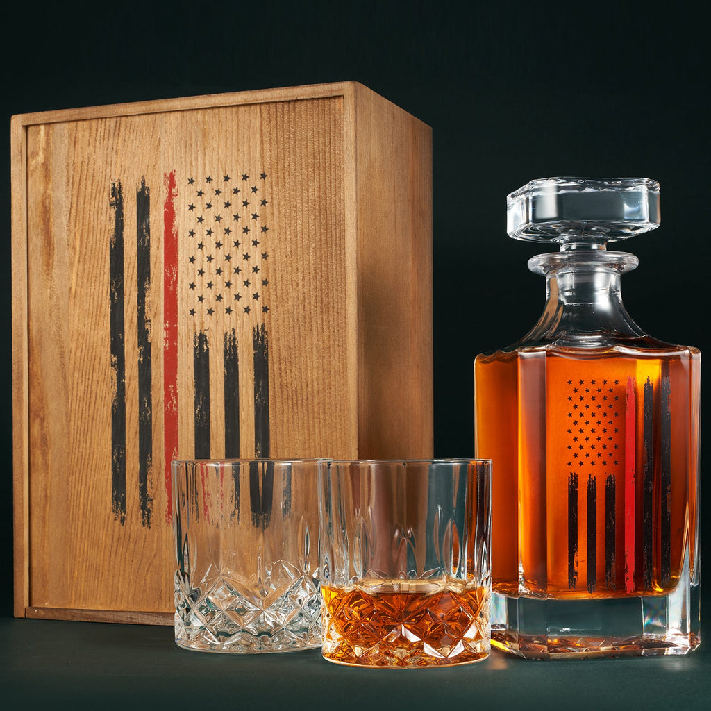 Firefighter Tactical Red Tattered American Flag Whiskey Decanter Gift Set | 730mL Decanter 2 Whiskey Glass | First Responder Gift for Fire Fighter, Red Rights, 2nd Amendment Gifts, FD Men, Dad, Him