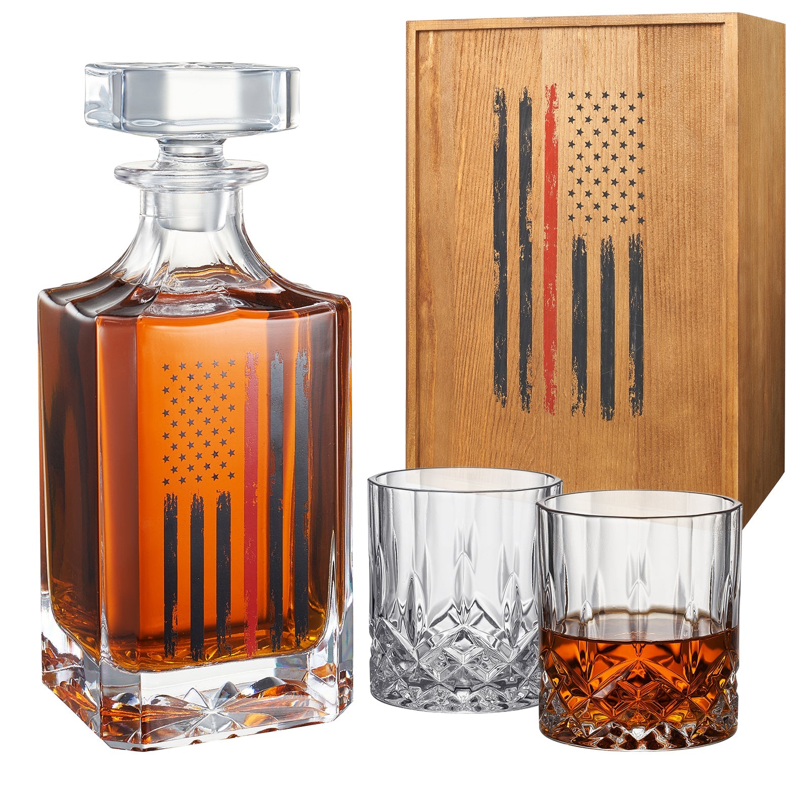 Firefighter Tactical Red Tattered American Flag Whiskey Decanter Gift Set | 730mL Decanter 2 Whiskey Glass | First Responder Gift for Fire Fighter, Red Rights, 2nd Amendment Gifts, FD Men, Dad, Him