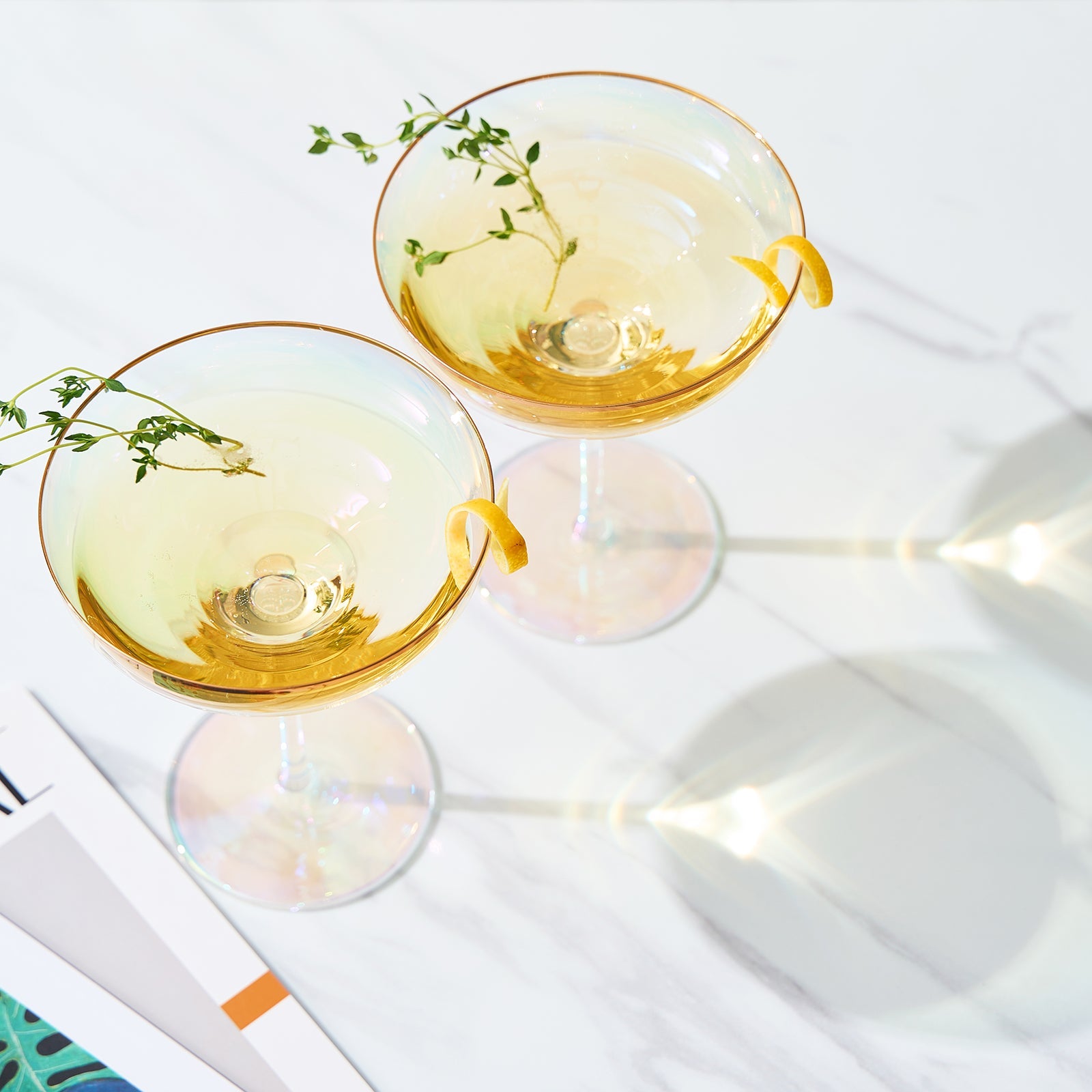 Iridescent Colored Gilded Rim Coupe Glass, 2-Set Large 9oz Rainbow Cocktail & Champagne, Luster Pearl Glasses Vibrant Color Gold Vintage Tumblers, No Stem Margarita, Glassware Gift - The Wine Savant