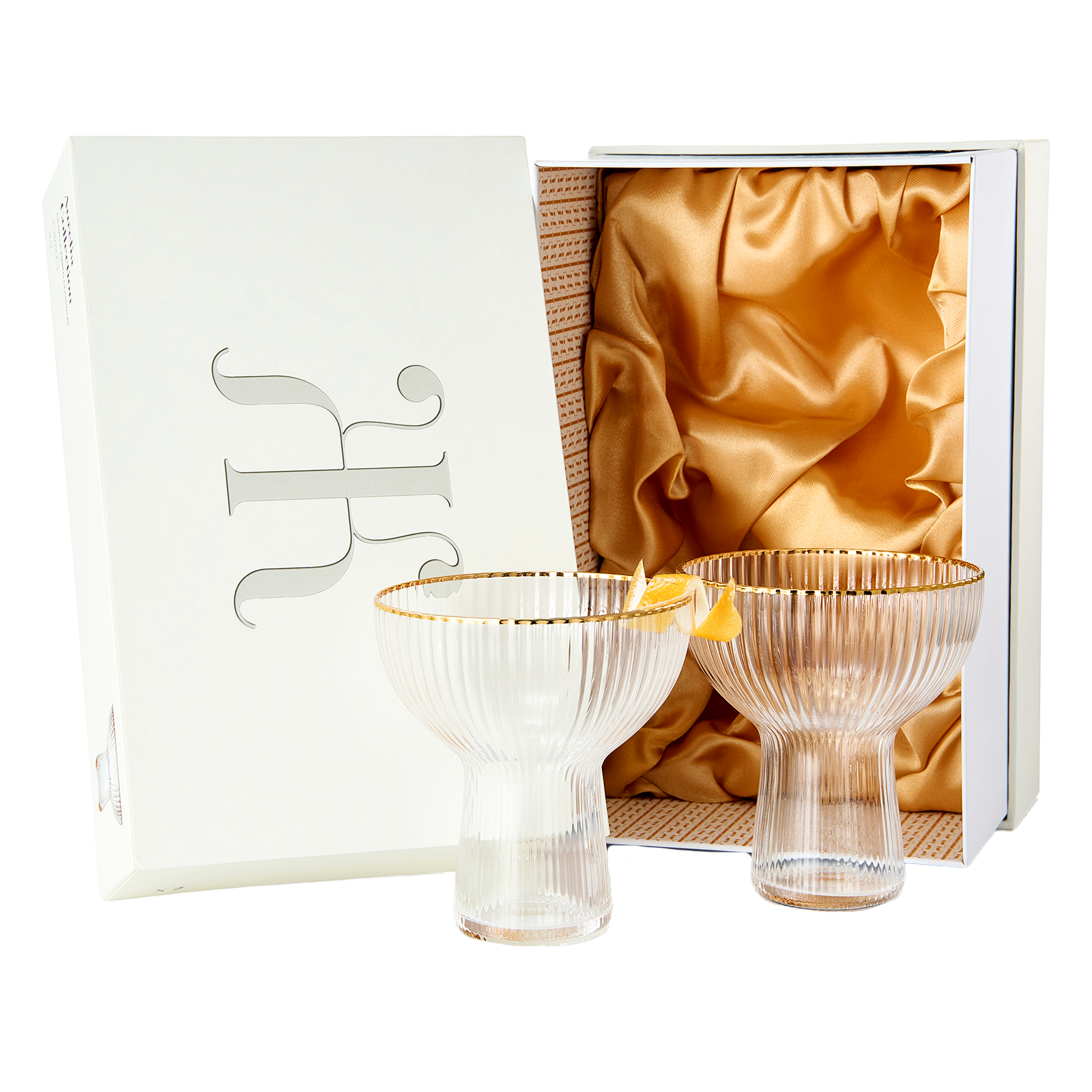 Ribbed Stemless Margarita, Martini & Champagne Glasses with Gold Rim - Set of 2 - Hand Blown Cocktail Luxury Coupe – Large Party, Elegant Ripple Design, Gilded, Premium Hand Blown Glassware (10 OZ)